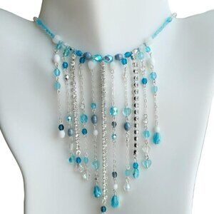 Vintage Czech blue and clear crystal cascade necklace